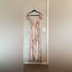 Shadow Blooms Cream Floral Print Ruffled
Maxi Dress